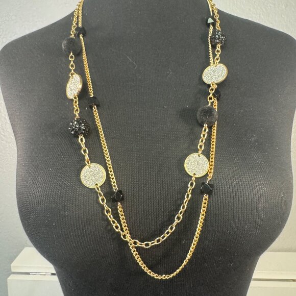 Gold-Tone Multi-Strand Necklace With Black Beads & Glittery Discs Statement Jewe - Picture 2 of 3
